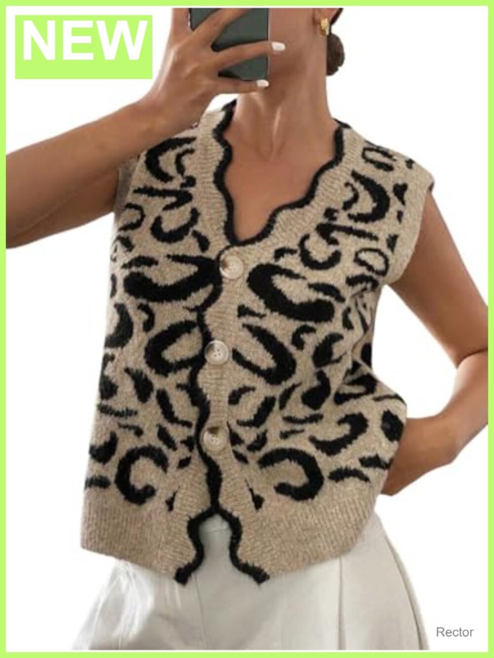 Leopard Print Button Down Sweater Vest V Neck Sleeveless Scallop Trim Knit